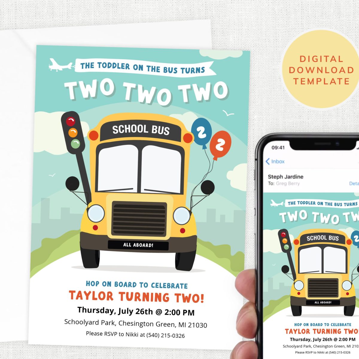 School Bus Party Invitation - 2 Year Old