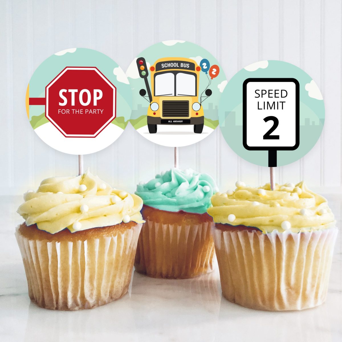 School Bus Party Cupcake Toppers