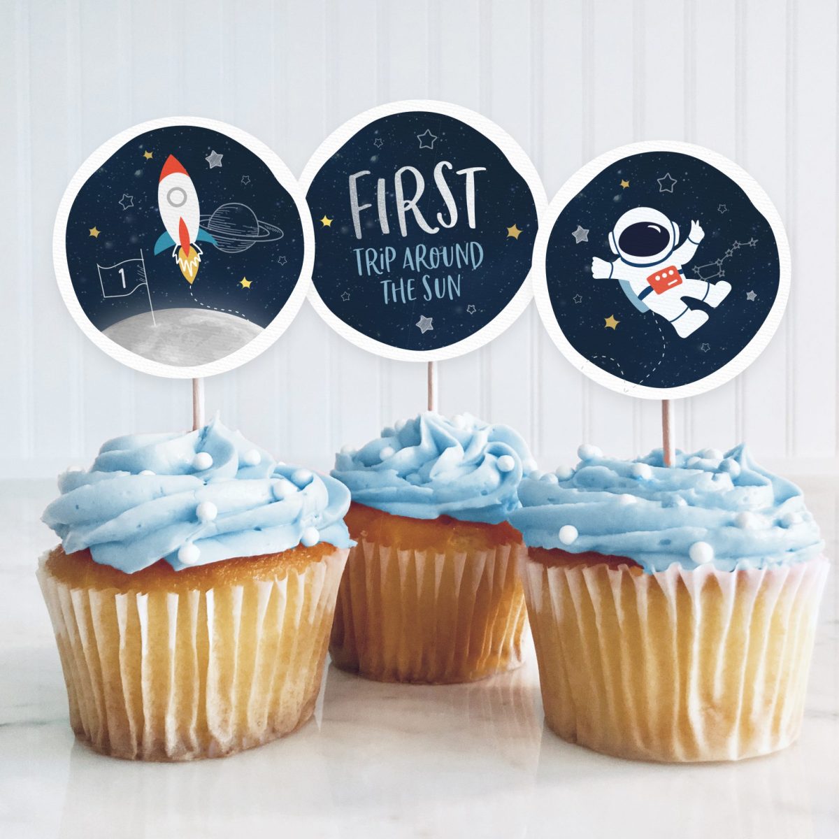 1st Birthday Cupcake Toppers, Space Cupcake Toppers