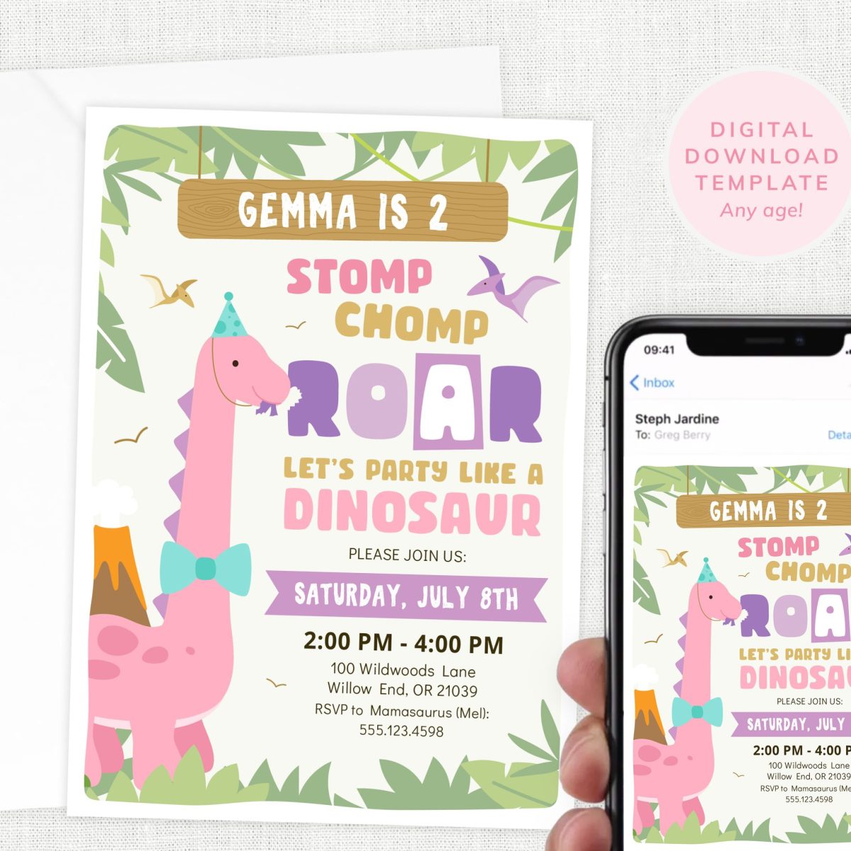 Girls Dinosaur Party Invitation, Stomp Chomp Roar Party Invite