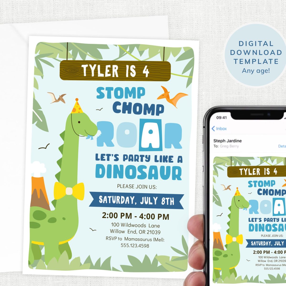 Stomp Chomp Dinosaur Party Invitation