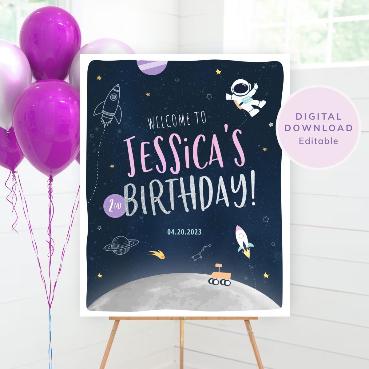 Space Welcome Sign - Girls Pink Space Welcome Sign, Space Birthday Party