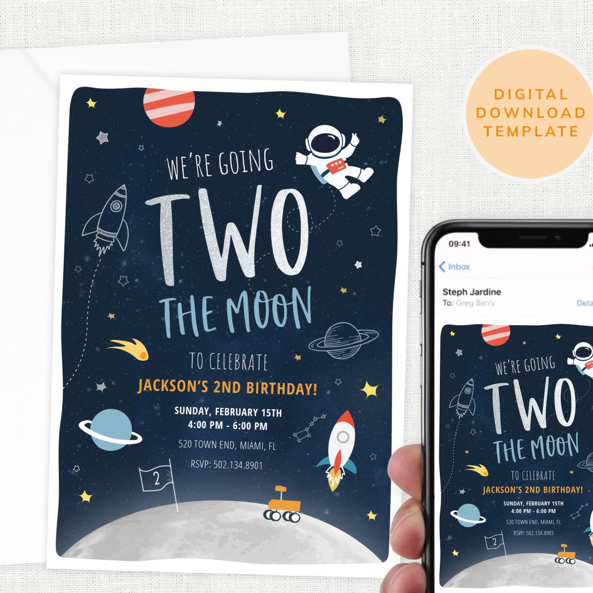 Two the Moon Invitation, 2 Year Old birthday Party, Space Party Invite