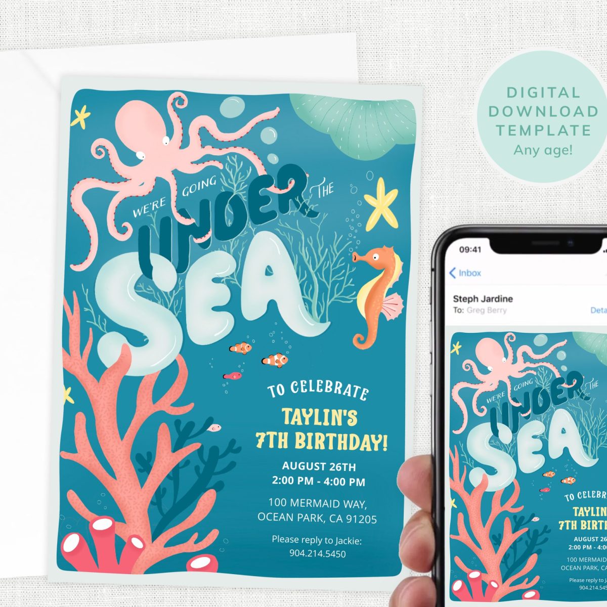Under The Sea Party Invitation, Party Invite, Mermaid, Kids Birthday, Ocean Water Themed Party