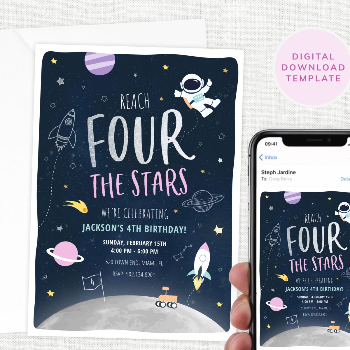 Reach Four the Stars Invitation, Space Party Invite, Girls Pink