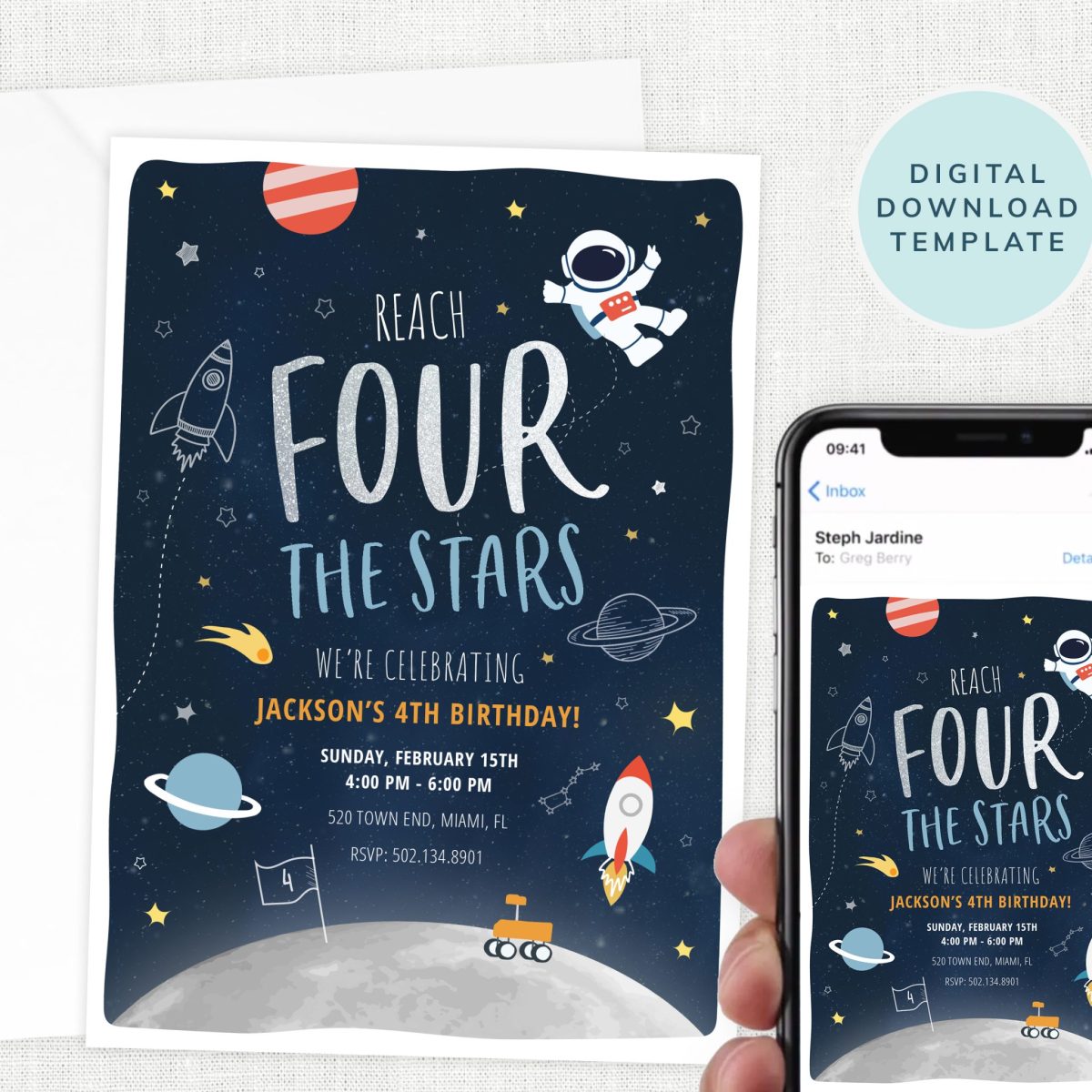 Reach Four the Stars, Space Party Birthday Invitation, Space Invite, 4 Year Old, 4th Birthday