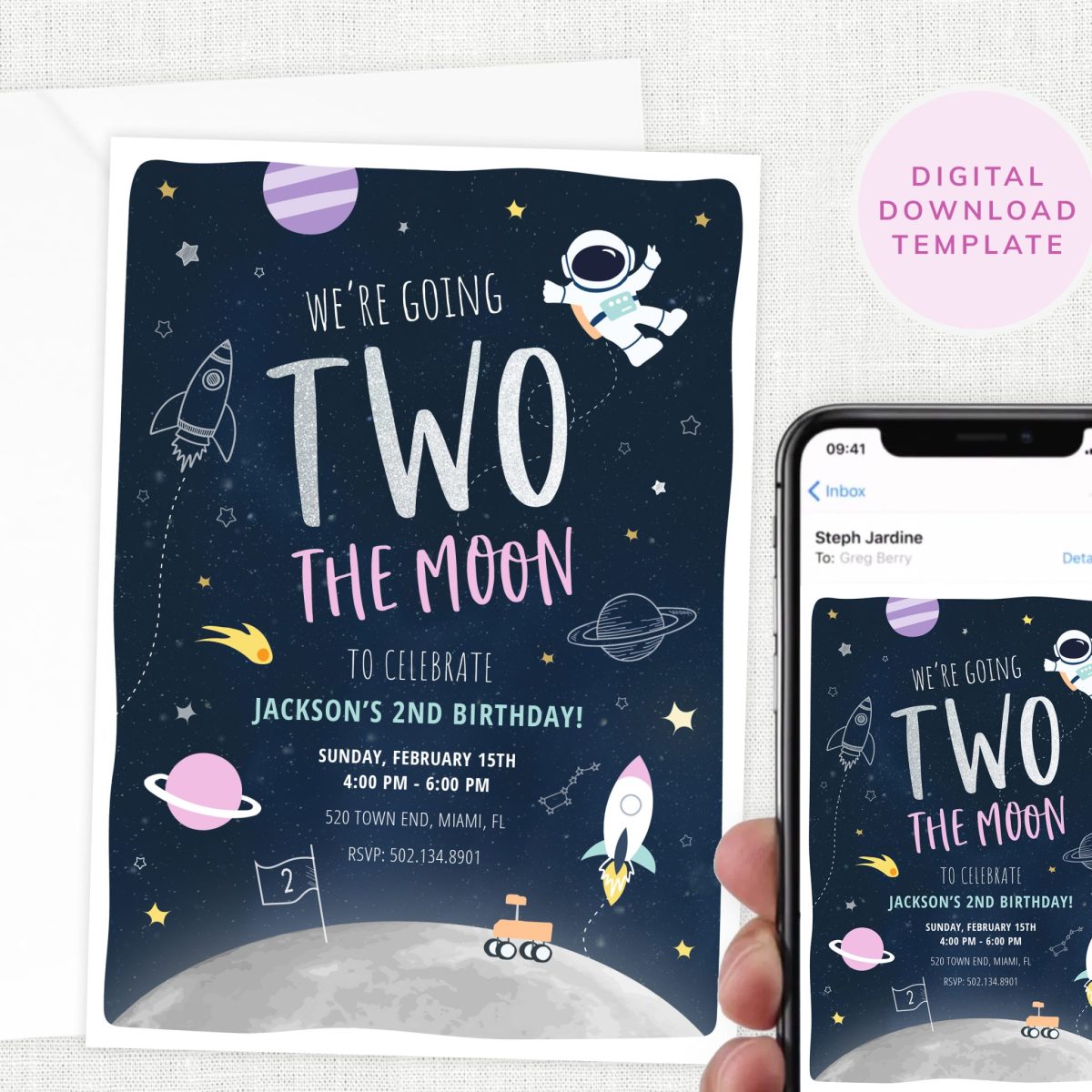 Two the Moon Invitation - Girls Pink, 2 Year Old birthday Party, Space Party Invite