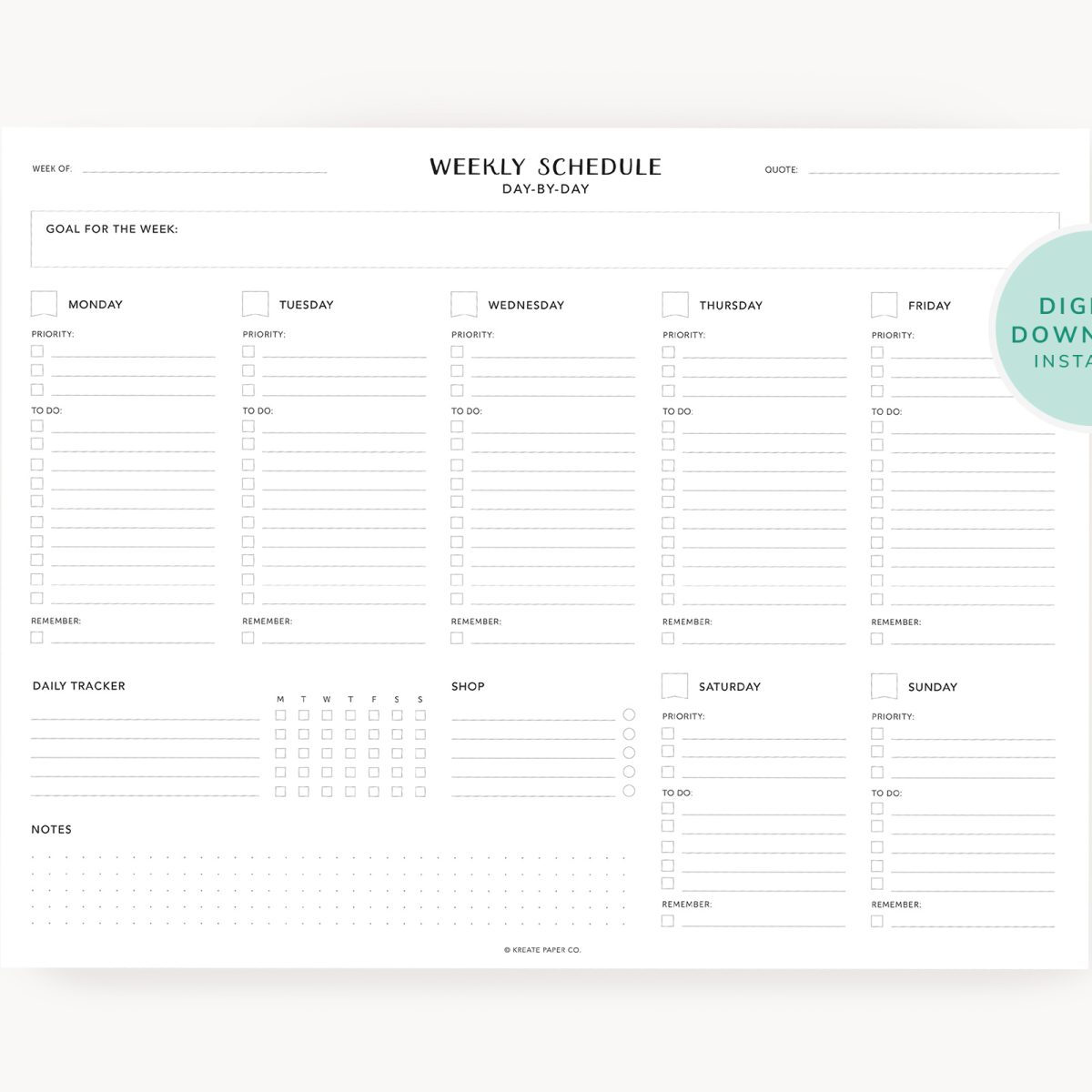 Weekly Planner - Digital Download, Weekly Planner Template, Daily Planner