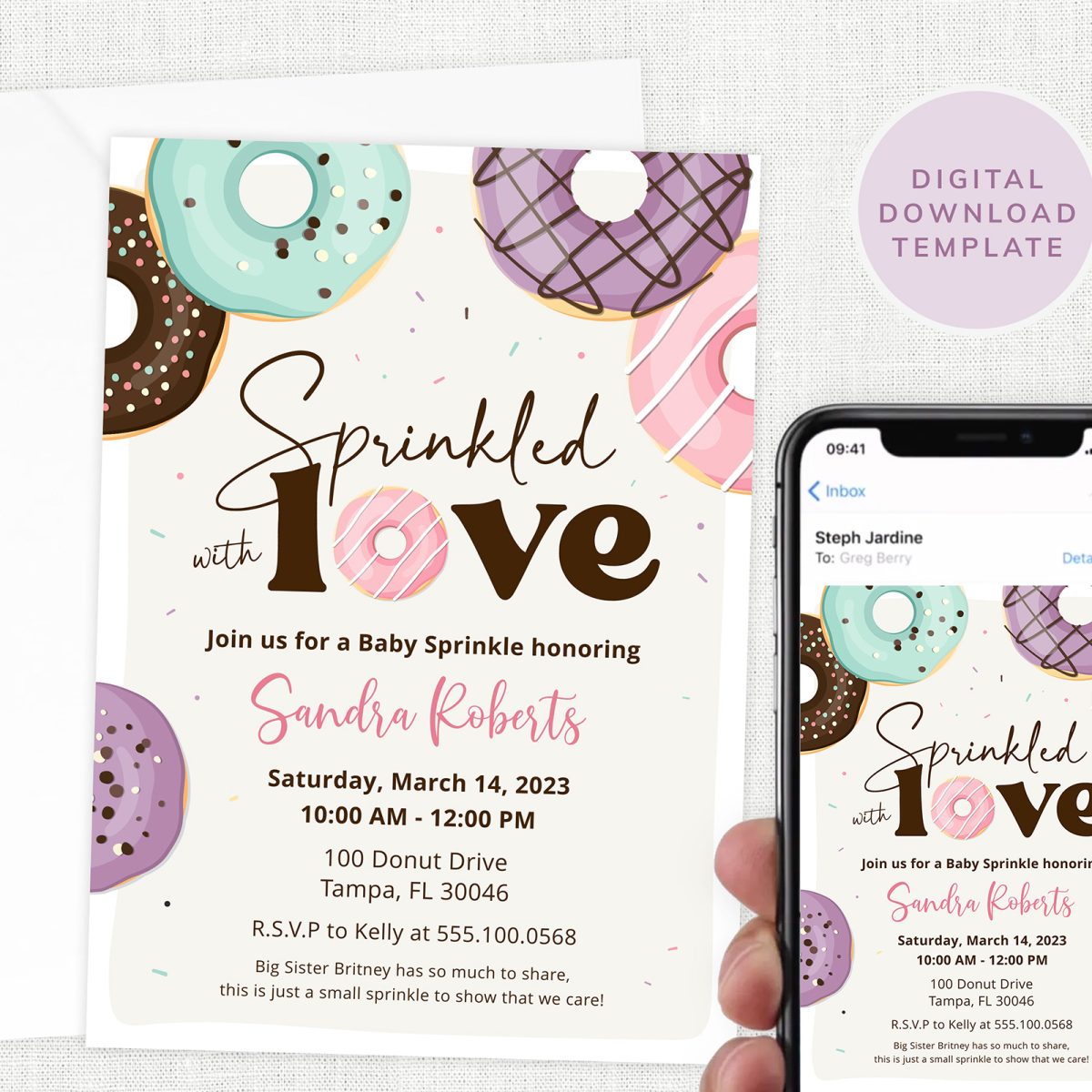 Donut Baby Sprinkle Invitation, Donut Baby Shower Invite, Sprinkled with Love, Doughnut