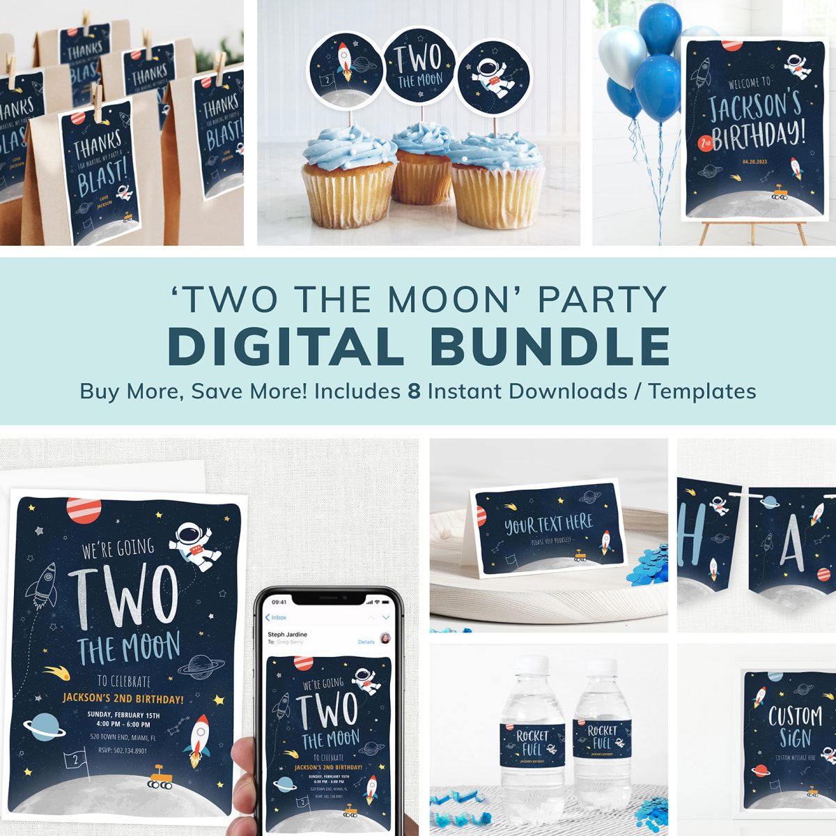 Two The Moon Party Bundle, 2 Year Old Space Party Decor, Invitation, Signs, 2nd Birthday