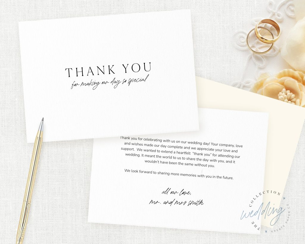 Set of 10 Thank You Wedding Notecards with Note