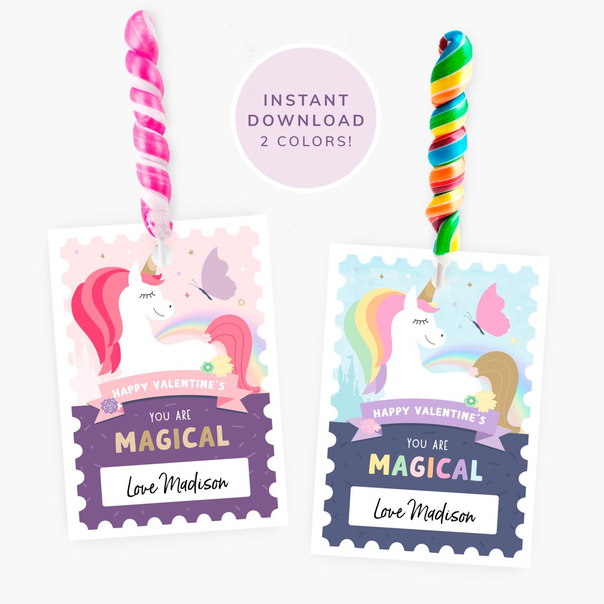 Unicorn Valentine's Tags, Candy Treat Bags, Printable, Class Gift Treat Bags