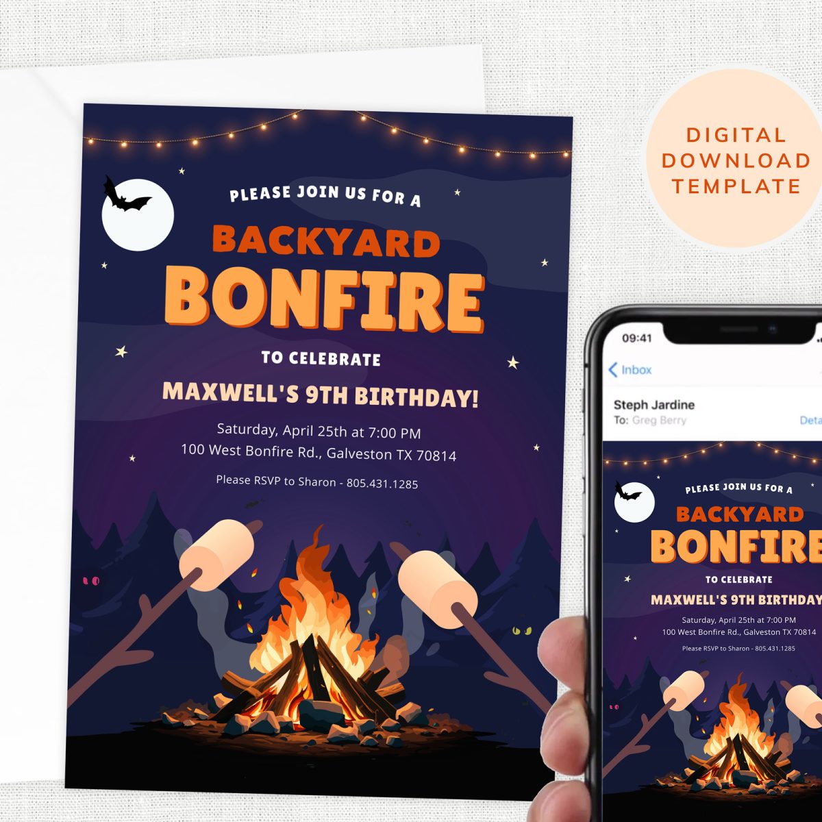 Backyard Bonfire Invite, Back garden Campfire Party Invitation
