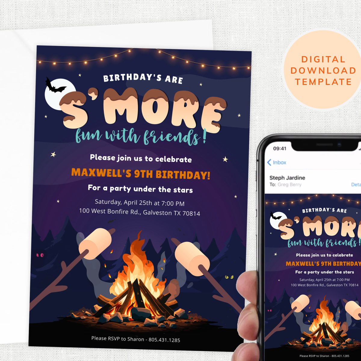 S'more Fun Birthday Invitation - Smores Birthday Party Campfire Bonfire Invite