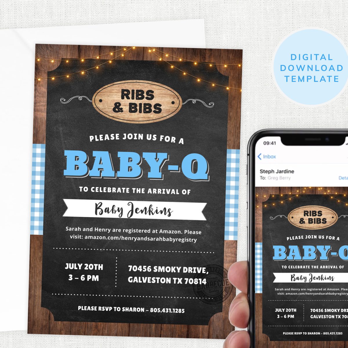 Baby-Q Boy Baby Shower Invite - Blue BBQ Baby Shower Invitation