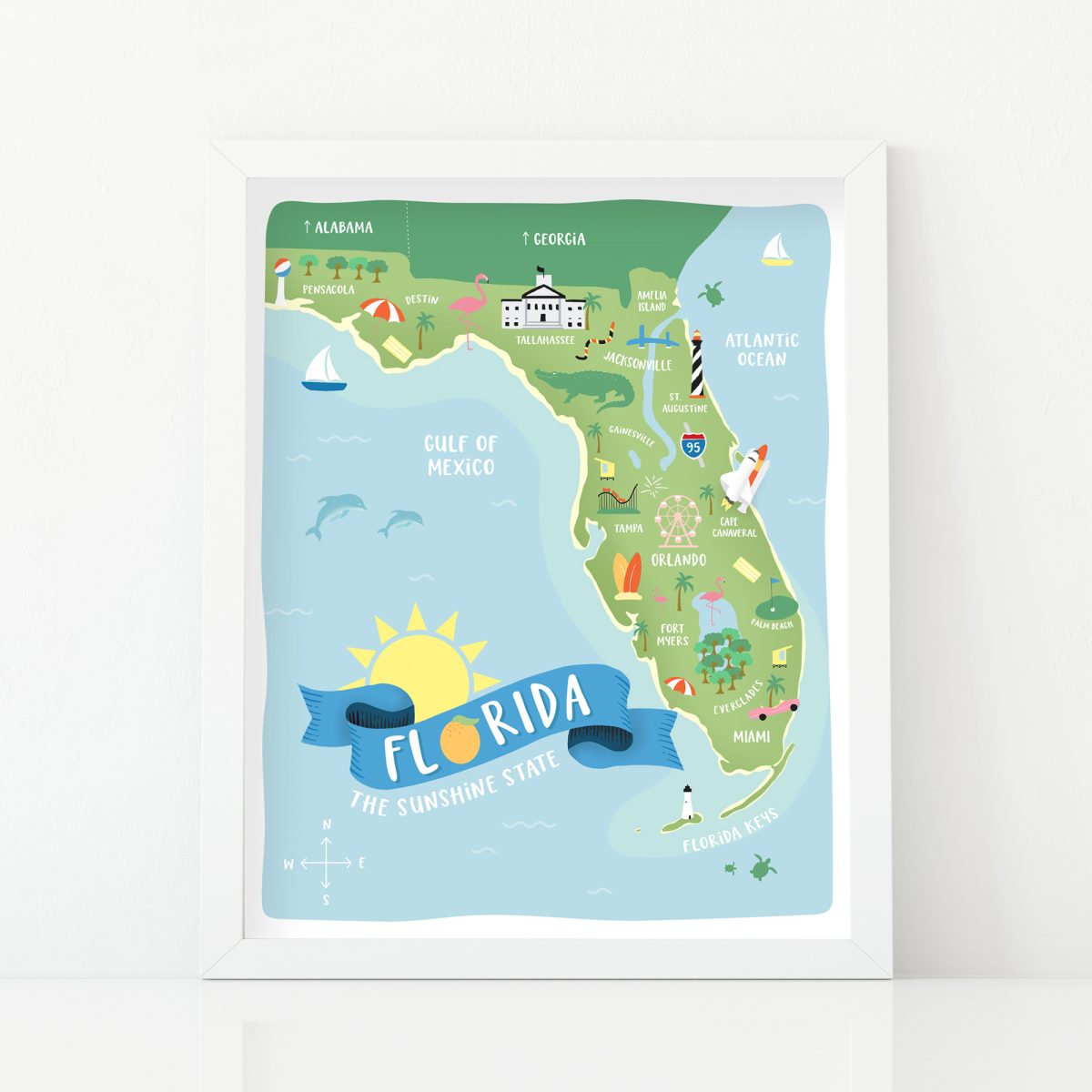 Illustrated Florida Map, Florida Art Print, Handdrawn Artwork, Florida, Orlando, Tampa, Miami, Jacksonville, Bright, Vibrant