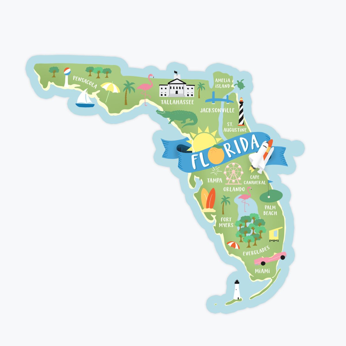 Florida Map Sticker, Illustrated Florida Map