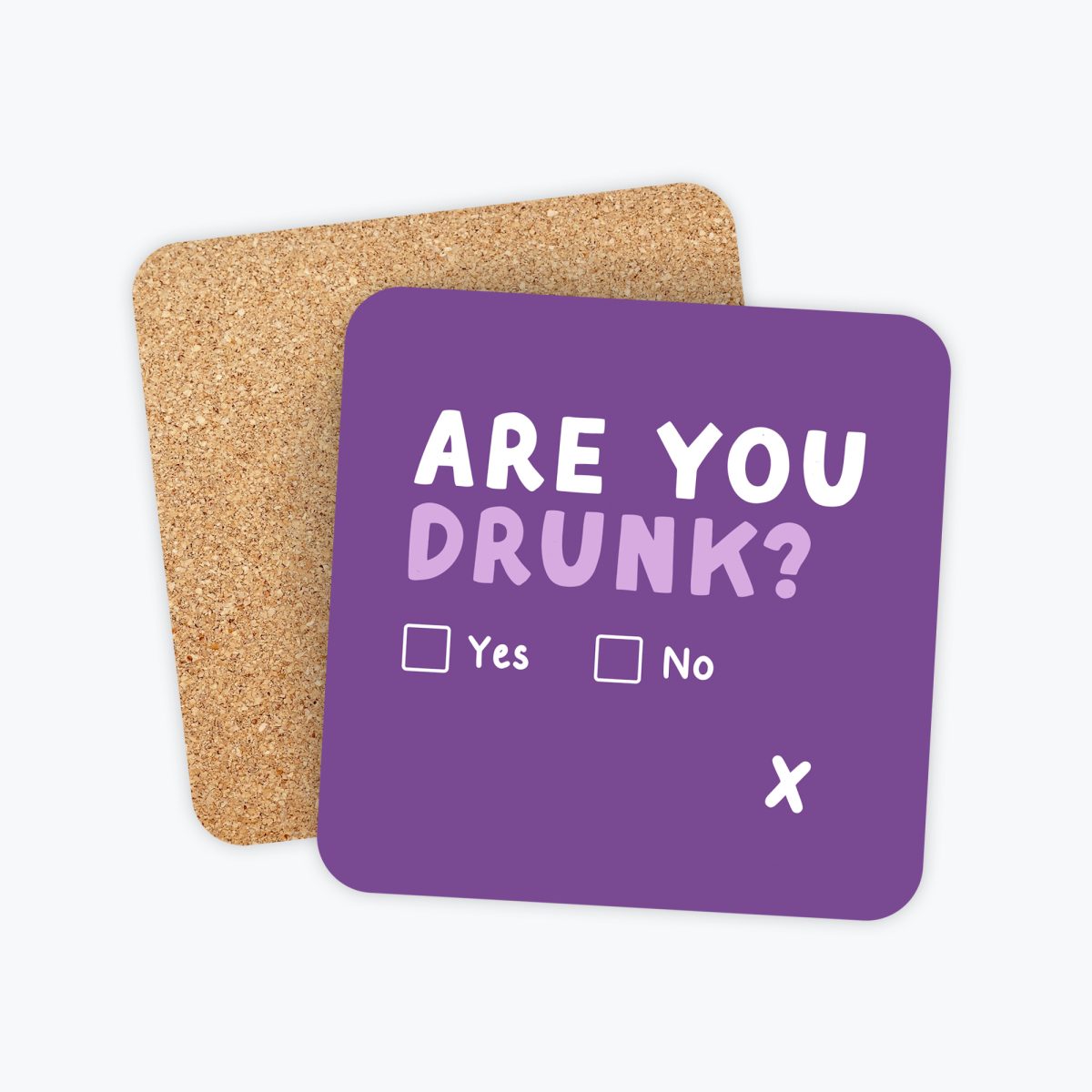Funny purple coaster with bold white text that reads 'Are you drunk?' featuring a playful design, perfect for parties and bar carts.