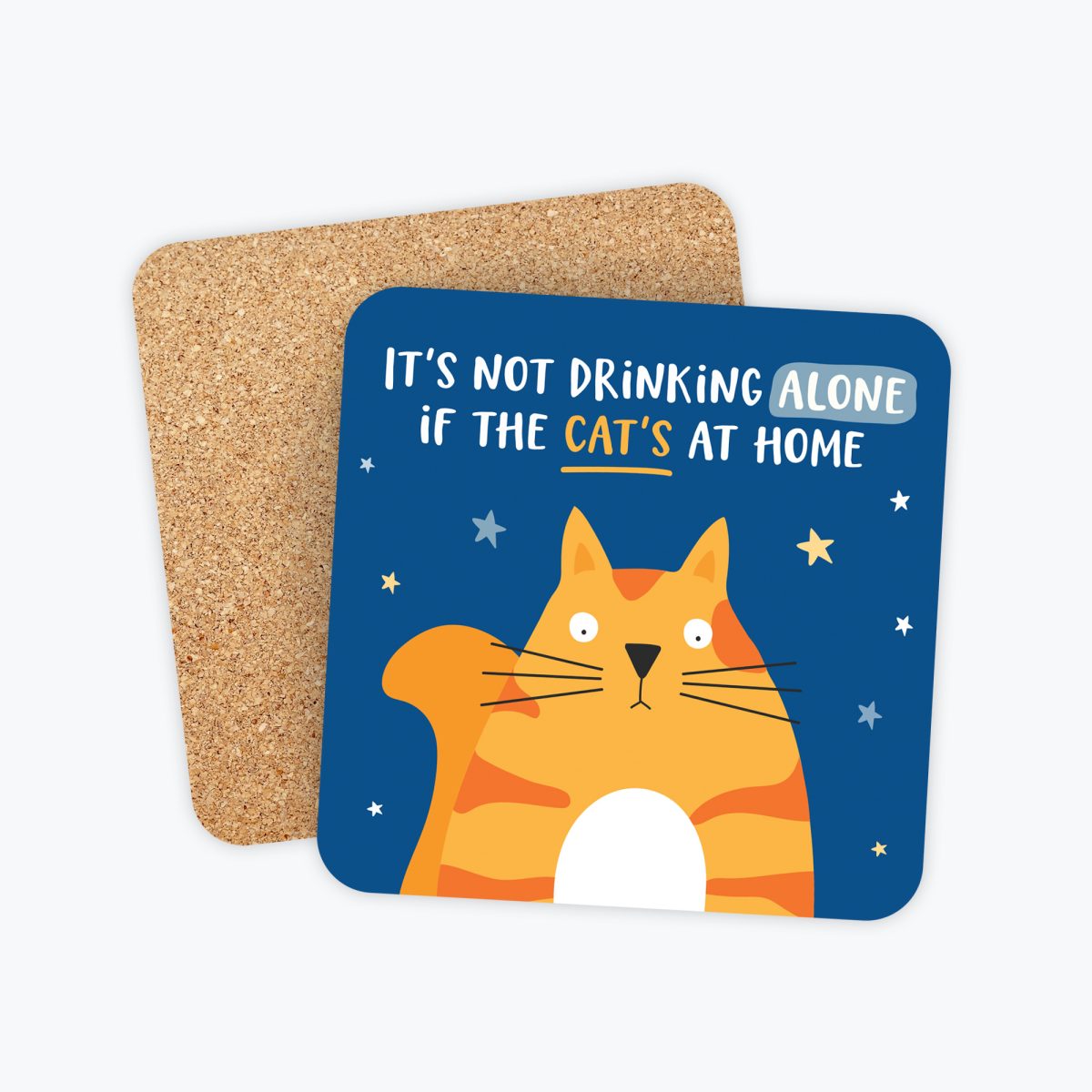 Funny ginger cat coaster for drinking alone. Ginger fat cat with a blue background and funny text.