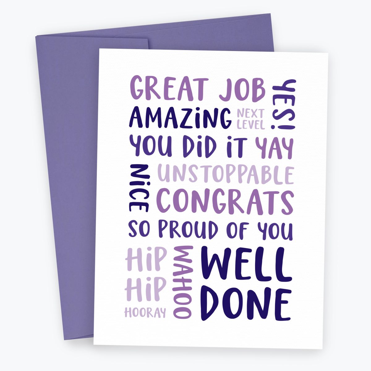Well Done Congratulations Card, filled with words and text to say "you did it". Purple typography card.
