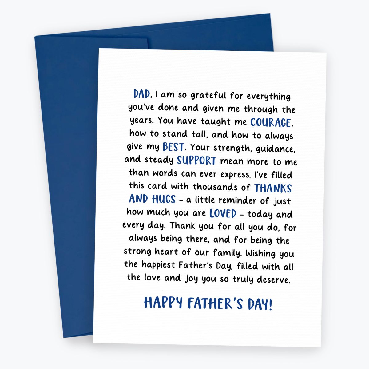 Fathers Day So Grateful Card featuring a navy envelope and long sentimental text to Dad