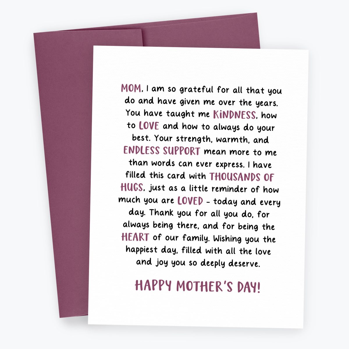 Mothers Day So Grateful Card featuring a plum purple envelope and long sentimental text