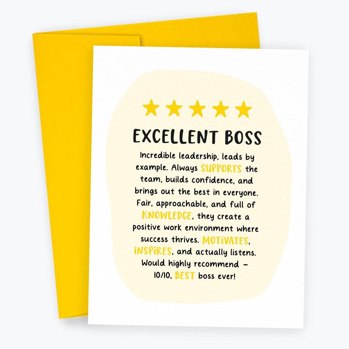 Excellent Boss 5 Star Review Card - featuring a glowing review for your boss or manager and colorful yellow envelope. Excellent Boss Card, Leaving Card for Boss, Manager, Review Card from Staff, Card from Coworkers, Co-worker, Thank You, Boss Day, Birthday