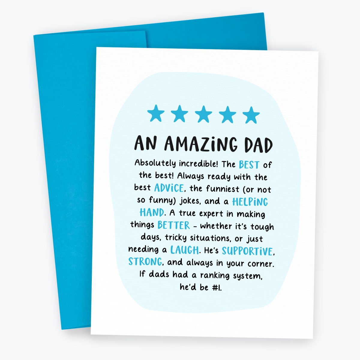 An Amazing Dad 5 Star Review Card featuring funny review text and a blue envelope. Perfect for a Birthday or Father's Day.