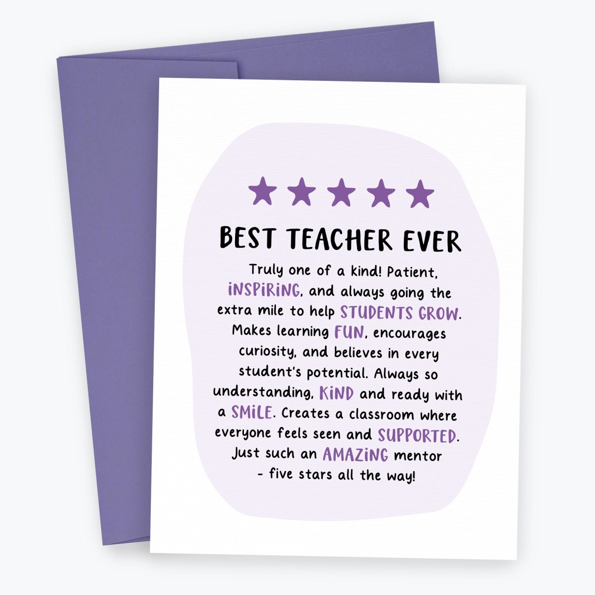 5 Star Teacher Card - Teacher Appreciation, Best Teacher Ever with purple envelope